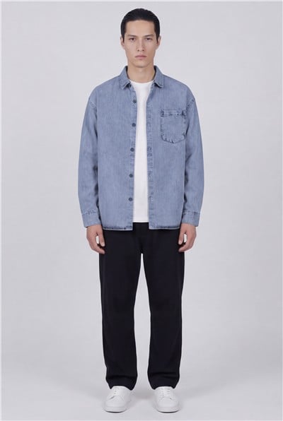Erkek Buz Mavisi Normal Kesim Regular Fit Pamuk Torba Cep Uzun Kollu Denim Ceket Gömlek