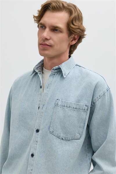 Buz Mavisi Regular Fit Pamuk Cepli Uzun Kollu Denim Ceket Gömlek