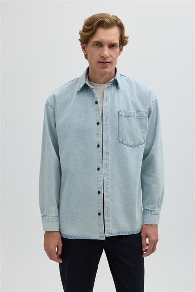 Buz Mavisi Regular Fit Pamuk Cepli Uzun Kollu Denim Ceket Gömlek