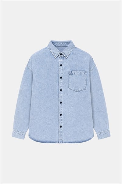 Buz Mavisi Regular Fit Pamuk Cepli Uzun Kollu Denim Ceket Gömlek