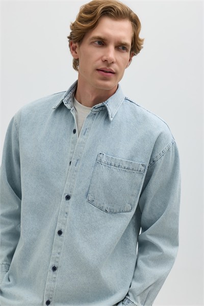 Buz Mavisi Regular Fit Pamuk Cepli Uzun Kollu Denim Ceket Gömlek