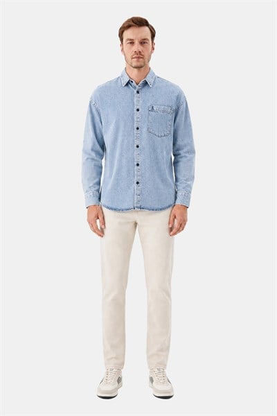 Buz Mavisi Regular Fit Pamuk Cepli Uzun Kollu Denim Ceket Gömlek