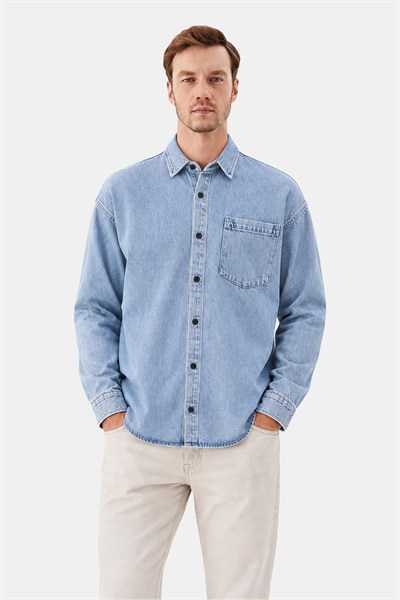 Buz Mavisi Regular Fit Pamuk Cepli Uzun Kollu Denim Ceket Gömlek