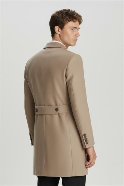 Giotelli Camel Slim Fit Yün Karışımlı Sivri Yaka Kruvaze 6 Drop Orta Boy Erkek Palto