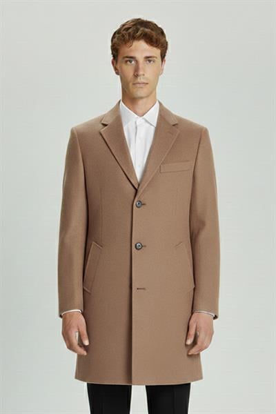 Giotelli Camel Regular Fit Yün Karışımlı Ceket Yaka Orta Boy Erkek Palto