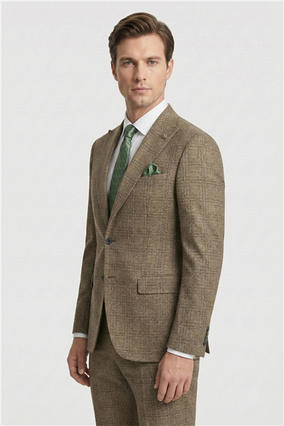 Giotelli Erkek Camel Rahat Kesim Comfort Fit Viskon Ekose Mono Yaka Lastikli Bel Duble Paça Tam Astarlı 6 Drop Takım Elbise 