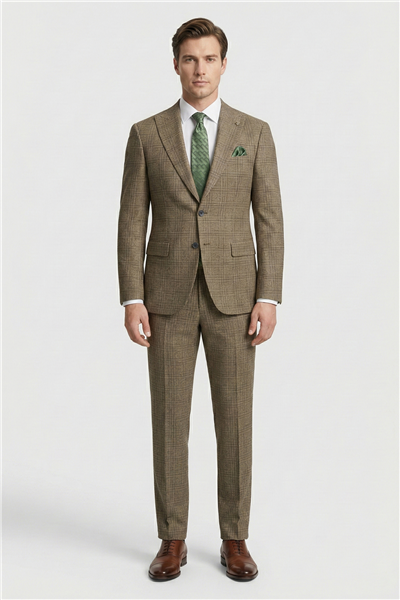 Giotelli Erkek Camel Rahat Kesim Comfort Fit Viskon Ekose Mono Yaka Lastikli Bel Duble Paça Tam Astarlı 6 Drop Takım Elbise 