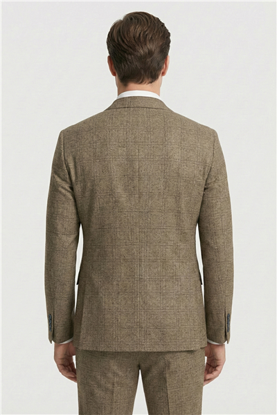 Giotelli Erkek Camel Rahat Kesim Comfort Fit Viskon Ekose Mono Yaka Lastikli Bel Duble Paça Tam Astarlı 6 Drop Takım Elbise 