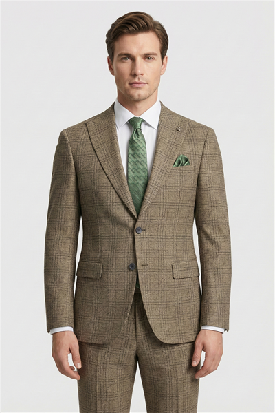 Giotelli Erkek Camel Rahat Kesim Comfort Fit Viskon Ekose Mono Yaka Lastikli Bel Duble Paça Tam Astarlı 6 Drop Takım Elbise 