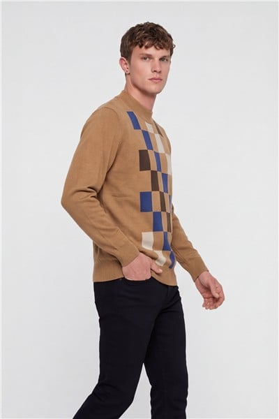 Erkek Camel Normal Kesim Regular Fit Yünlü Dokuma Desenli Triko Kazak