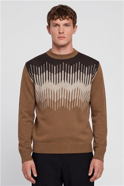 Erkek Camel Normal Kesim Regular Fit Yünlü Dokuma Triko Kazak