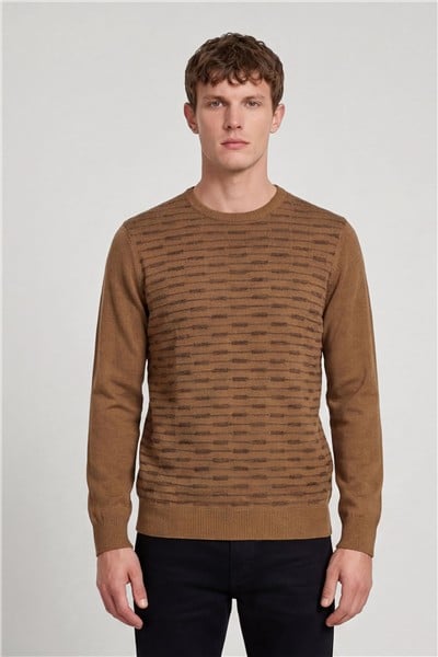 Erkek Camel Normal Kesim Regular Fit Yünlü Standart Boy Dokuma Triko Kazak