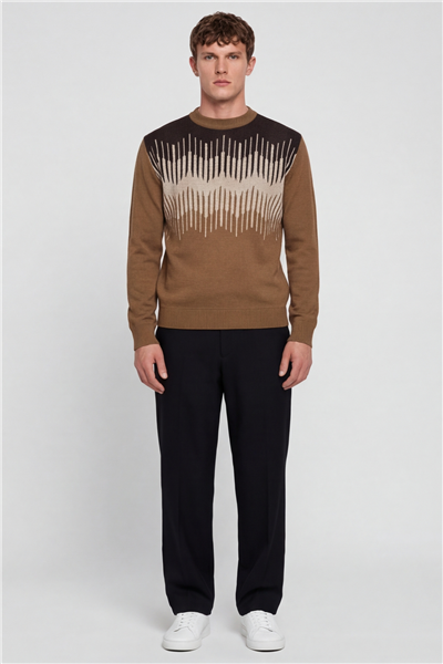 Erkek Camel Normal Kesim Regular Fit Yünlü Dokuma Triko Kazak