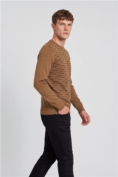 Erkek Camel Normal Kesim Regular Fit Yünlü Standart Boy Dokuma Triko Kazak