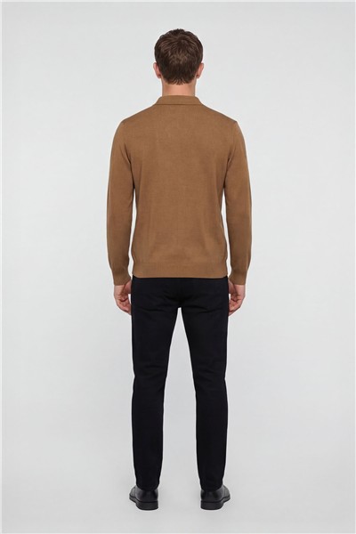 Erkek Camel Normal Kesim Regular Fit Yünlü Fermuarlı Polo Yaka Triko Kazak