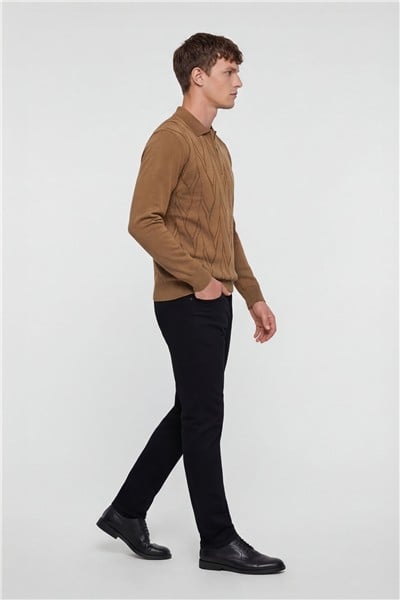 Erkek Camel Normal Kesim Regular Fit Yünlü Fermuarlı Polo Yaka Triko Kazak