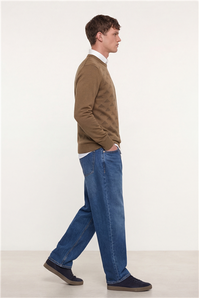 Erkek Camel Normal Kesim Regular Fit Yünlü Bisiklet Yaka Triko Kazak 