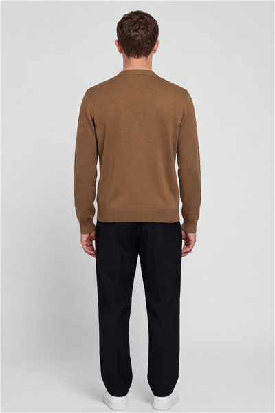Erkek Camel Normal Kesim Regular Fit Yünlü Dokuma Triko Kazak