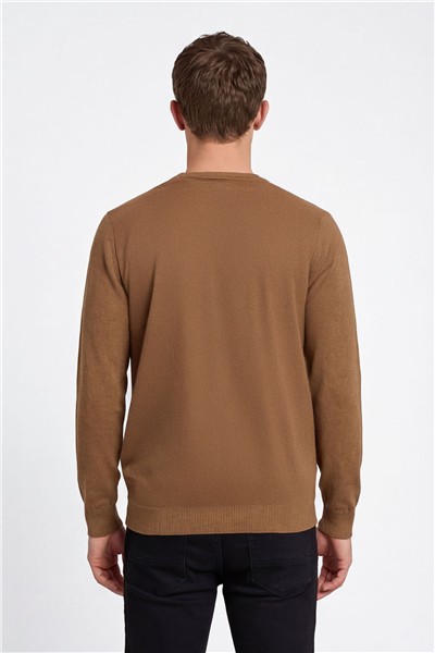 Erkek Camel Normal Kesim Regular Fit Yünlü Standart Boy Dokuma Triko Kazak
