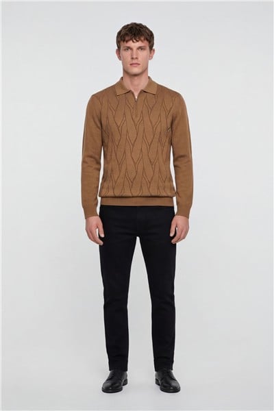Erkek Camel Normal Kesim Regular Fit Yünlü Fermuarlı Polo Yaka Triko Kazak