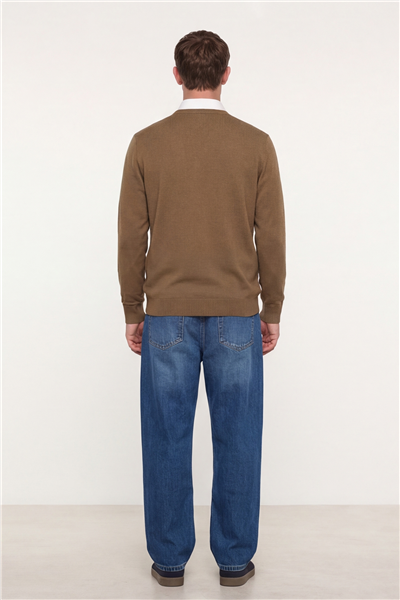 Erkek Camel Normal Kesim Regular Fit Yünlü Bisiklet Yaka Triko Kazak 