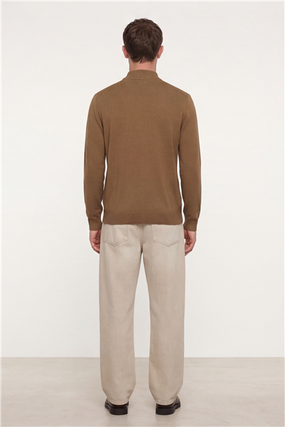 Erkek Camel Dar Kesim Slim Fit Yünlü Yarım Balıkçı Yaka Triko Kazak