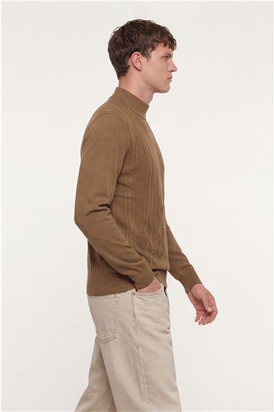 Erkek Camel Dar Kesim Slim Fit Yünlü Yarım Balıkçı Yaka Triko Kazak