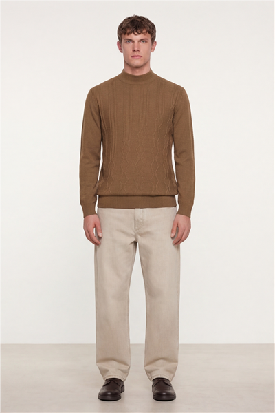 Erkek Camel Dar Kesim Slim Fit Yünlü Yarım Balıkçı Yaka Triko Kazak