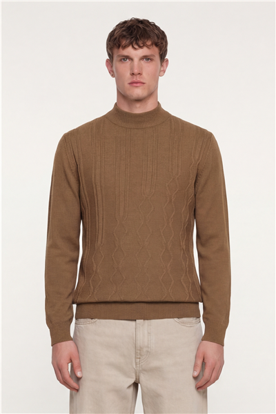 Erkek Camel Dar Kesim Slim Fit Yünlü Yarım Balıkçı Yaka Triko Kazak