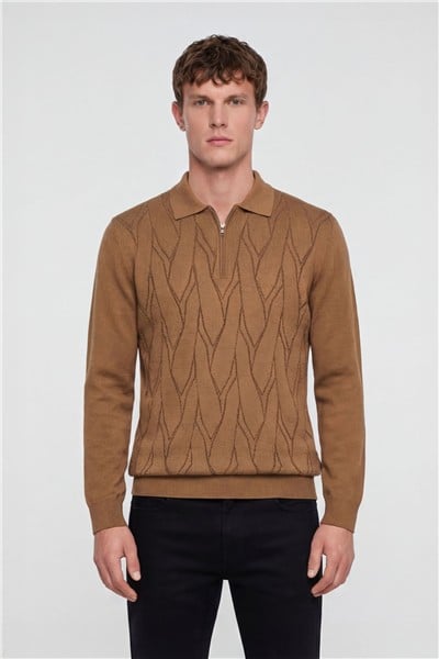Erkek Camel Normal Kesim Regular Fit Yünlü Fermuarlı Polo Yaka Triko Kazak