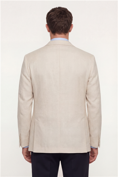 Erkek Beyaz Dar Kesim Slim Fit Viskon Balık Sırtı Desen Torba Cep Çift Yırtmaçlı 6 Drop Ceket