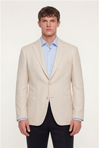 Erkek Beyaz Dar Kesim Slim Fit Viskon Balık Sırtı Desen Torba Cep Çift Yırtmaçlı 6 Drop Ceket