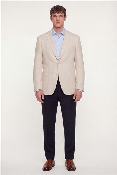 Erkek Beyaz Dar Kesim Slim Fit Viskon Balık Sırtı Desen Torba Cep Çift Yırtmaçlı 6 Drop Ceket