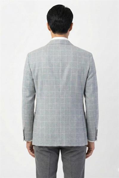 Gri Regular Fit Pamuklu Mono Yaka Ekose Desenli Ceket