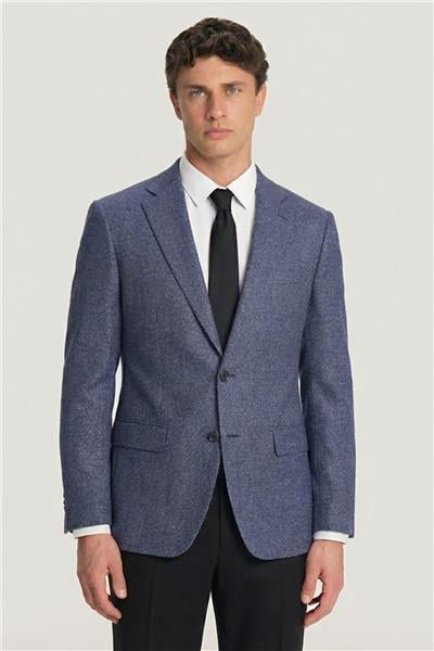 Erkek Lacivert Normal Kesim Regular Fit Viskon Dokuma Fleto Kapaklı Cep Klasik Yaka 4 Drop Klasik Ceket