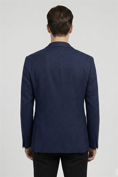 Lacivert Slim Fit Yün Karışımlı Mono Yaka Desenli Erkek Ceket