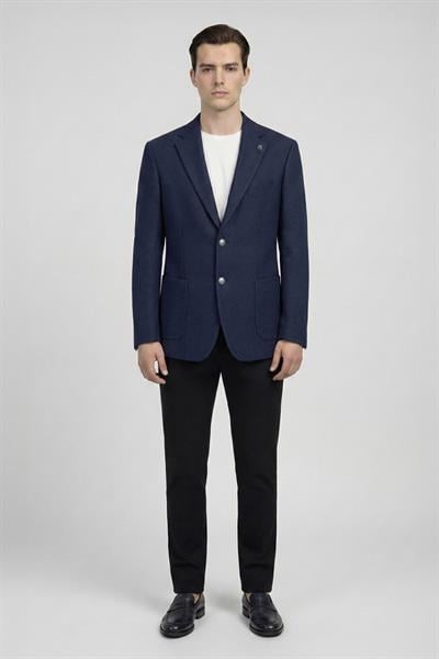 Lacivert Slim Fit Yün Karışımlı Mono Yaka Desenli Erkek Ceket