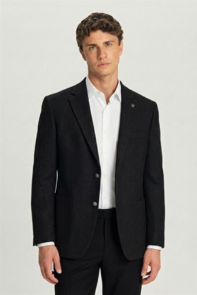 Erkek Siyah Dar Kesim Slim Fit Yünlü Dokuma Torba Cep Mono Yaka 4 Drop Ceket