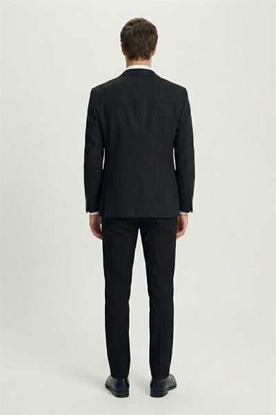 Erkek Siyah Dar Kesim Slim Fit Yünlü Dokuma Torba Cep Mono Yaka 4 Drop Ceket