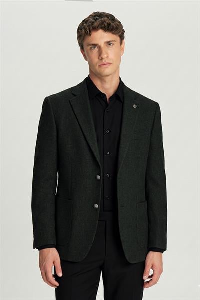 Erkek Yeşil Dar Kesim Slim Fit Yünlü Dokuma Torba Cep Mono Yaka 4 Drop Ceket