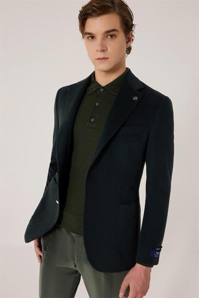 Erkek Yeşil Normal Kesim Regular Fit %100 Yün Dokuma Torba Cep Çift Yırtmaçlı Ceket Yaka 6 Drop  Klasik Ceket