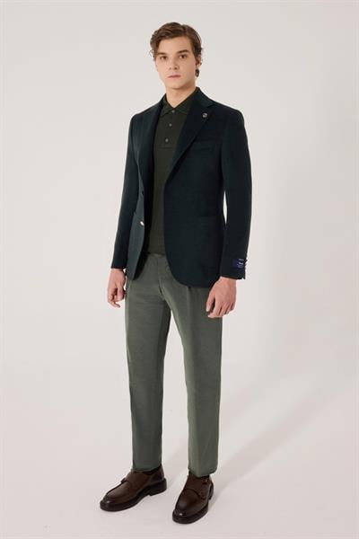 Erkek Yeşil Normal Kesim Regular Fit %100 Yün Dokuma Torba Cep Çift Yırtmaçlı Ceket Yaka 6 Drop  Klasik Ceket
