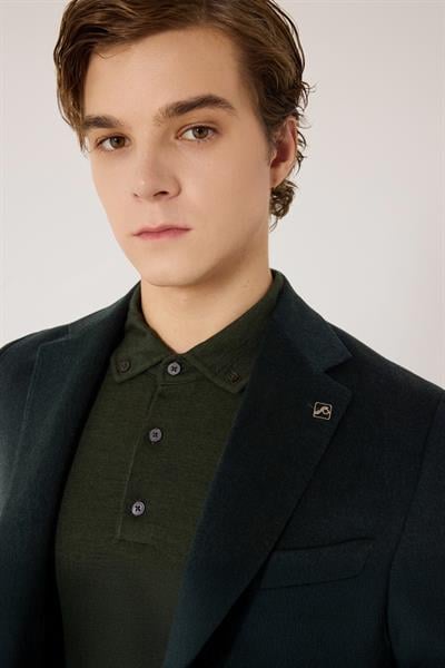 Erkek Yeşil Normal Kesim Regular Fit %100 Yün Dokuma Torba Cep Çift Yırtmaçlı Ceket Yaka 6 Drop  Klasik Ceket