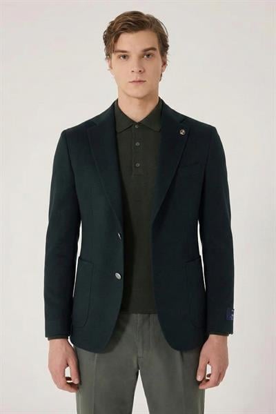 Erkek Yeşil Normal Kesim Regular Fit %100 Yün Dokuma Torba Cep Çift Yırtmaçlı Ceket Yaka 6 Drop  Klasik Ceket
