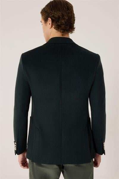Erkek Yeşil Normal Kesim Regular Fit %100 Yün Dokuma Torba Cep Çift Yırtmaçlı Ceket Yaka 6 Drop  Klasik Ceket
