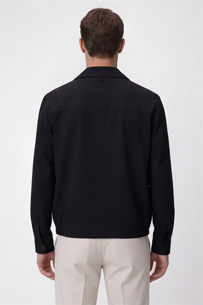 Erkek Siyah Normal Kesim Regular Fit Viskon Fleto Kapaklı Cep Astarsız Klasik Yaka Fermuarlı Bomber Mont