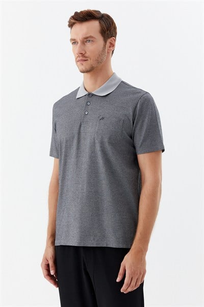 Siyah %100 Pamuk Regular Fit Jakar Desenli Cepli Polo Yaka T-shirt