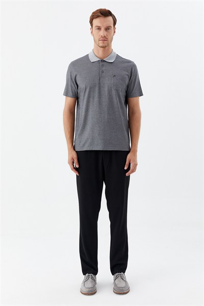 Siyah %100 Pamuk Regular Fit Jakar Desenli Cepli Polo Yaka T-shirt