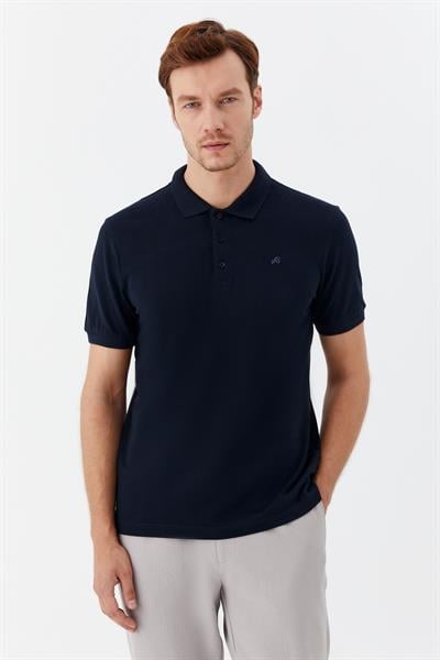 Erkek Lacivert Normal Kesim Regular Fit %100 Pamuk Örme Düğmeli Polo Yaka Tişört
