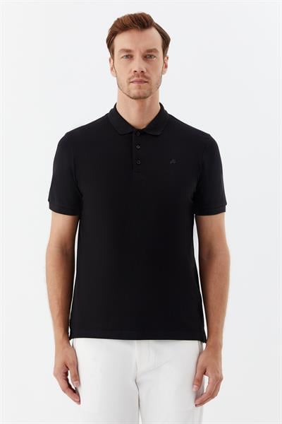Erkek Siyah Normal Kesim Regular Fit %100 Pamuk Örme Düğmeli Polo Yaka Tişört